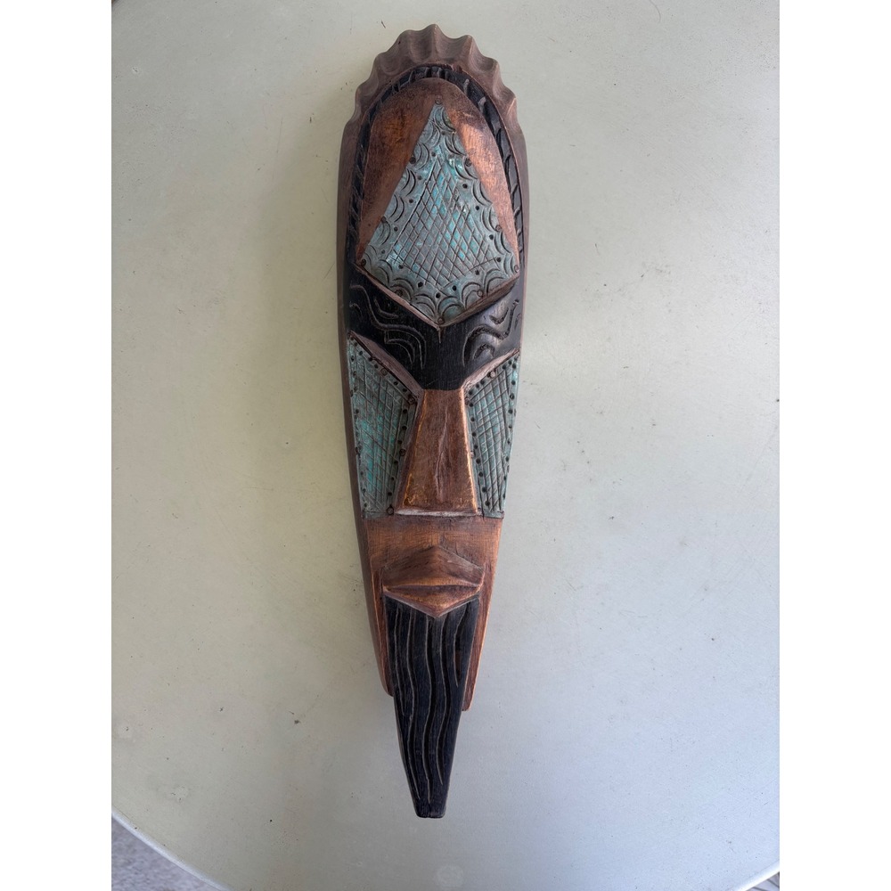 Vintage Hand Carved Wooden Tribal Mask Blue Metal Inlay Wall Decor 17 Inch